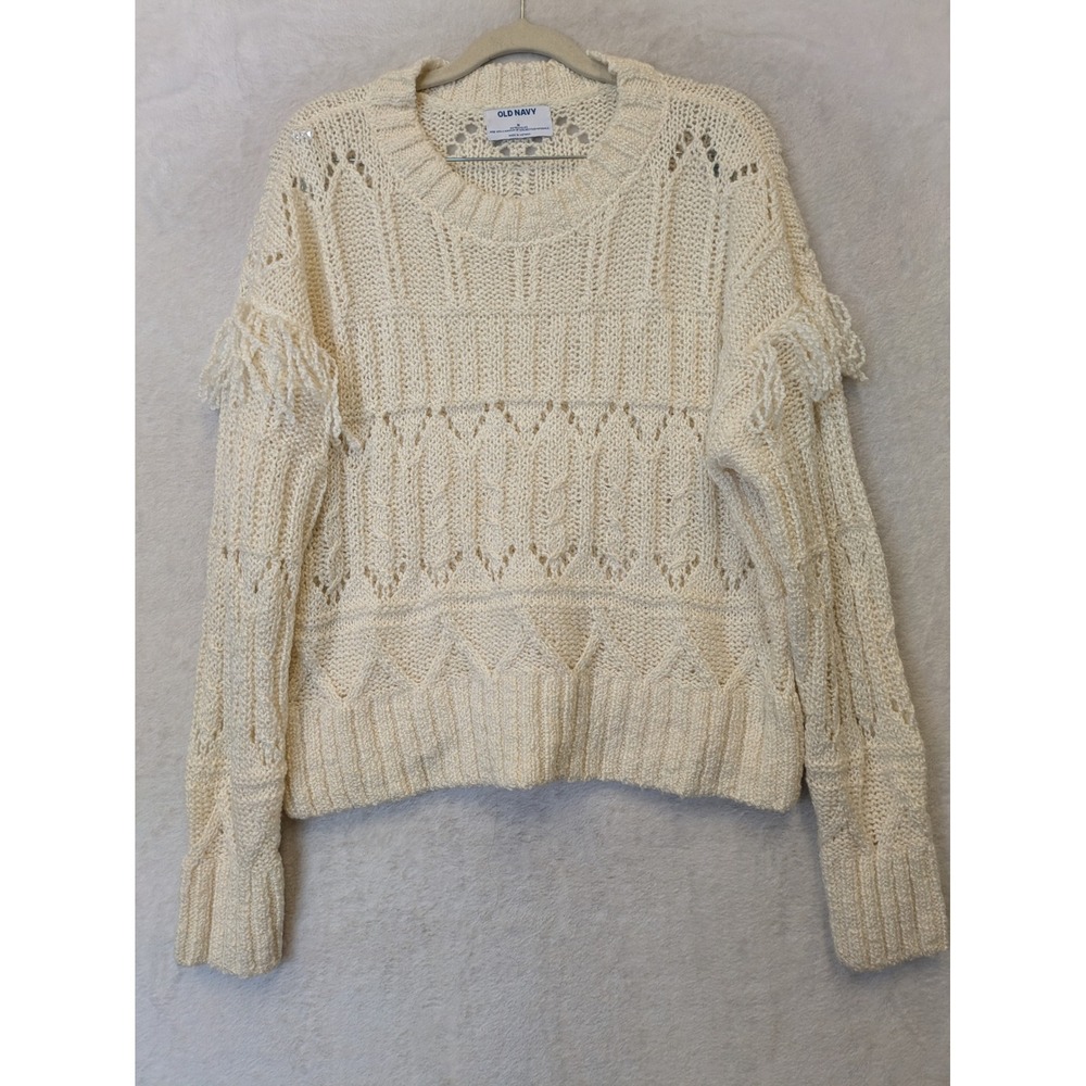 Old Navy Women's Size M Cream Sweater Fringe Sleeve Cable Knit Wool Blend